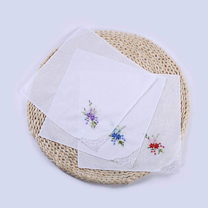 Bộ 5 Khăn Tay Cotton 11x11 Inch Thêu Họa Tiết Hoa Và Bướm Cho Nữ