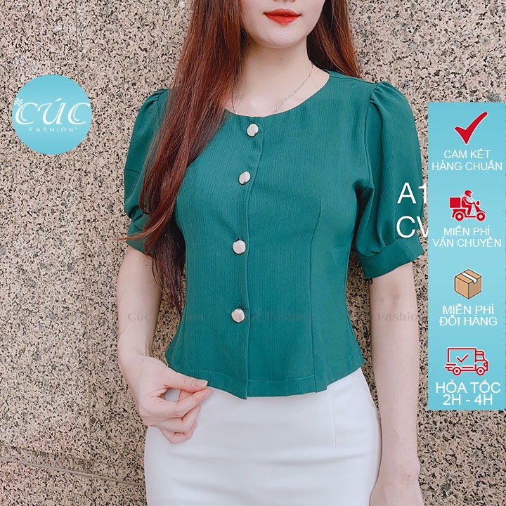 Áo sơ mi nữ CÚC FASHION somi tay ngắn cao cấp vải lụa đẹp kiểu công sở màu xanh cam sơ mi croptop 4 cúc A1145