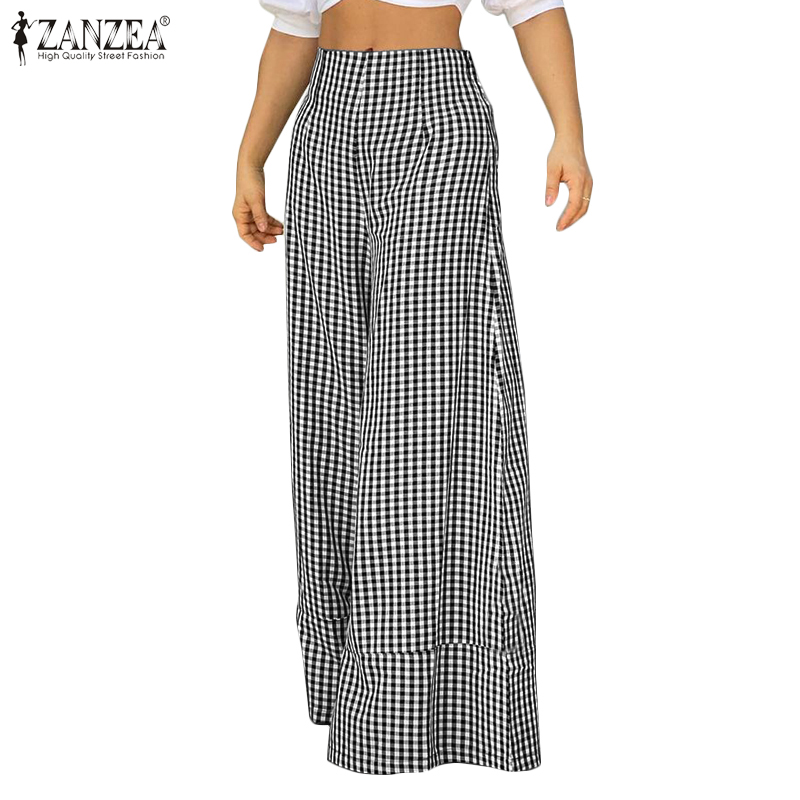 ZANZEA Women Street Fashion Side Zipper Floor Length Wide-Legged Plaid Printing Loose Long Pants