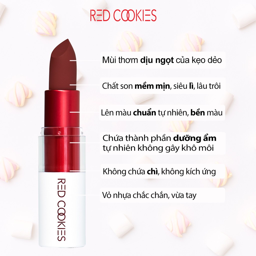 Son thỏi lì không khô môi bền màu RED COOKIES Marshmallow Powder Lipstick  màu đỏ gạch A2 - Scarlet Laurent siêu lì mịn giá cạnh tranh