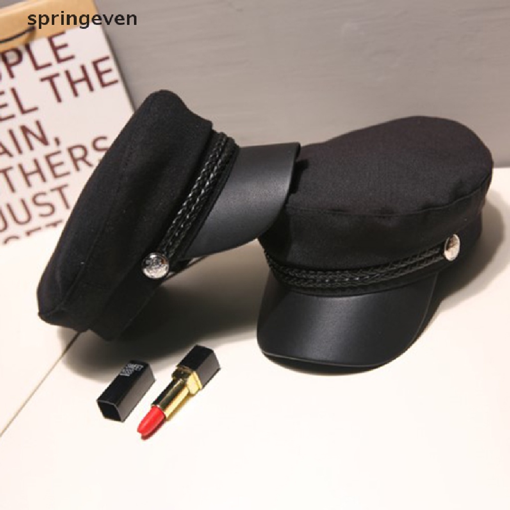 springeven Leather Military Hat  Sailor Hats Flat Top Captain Cap Travel Cadet Hat RFT