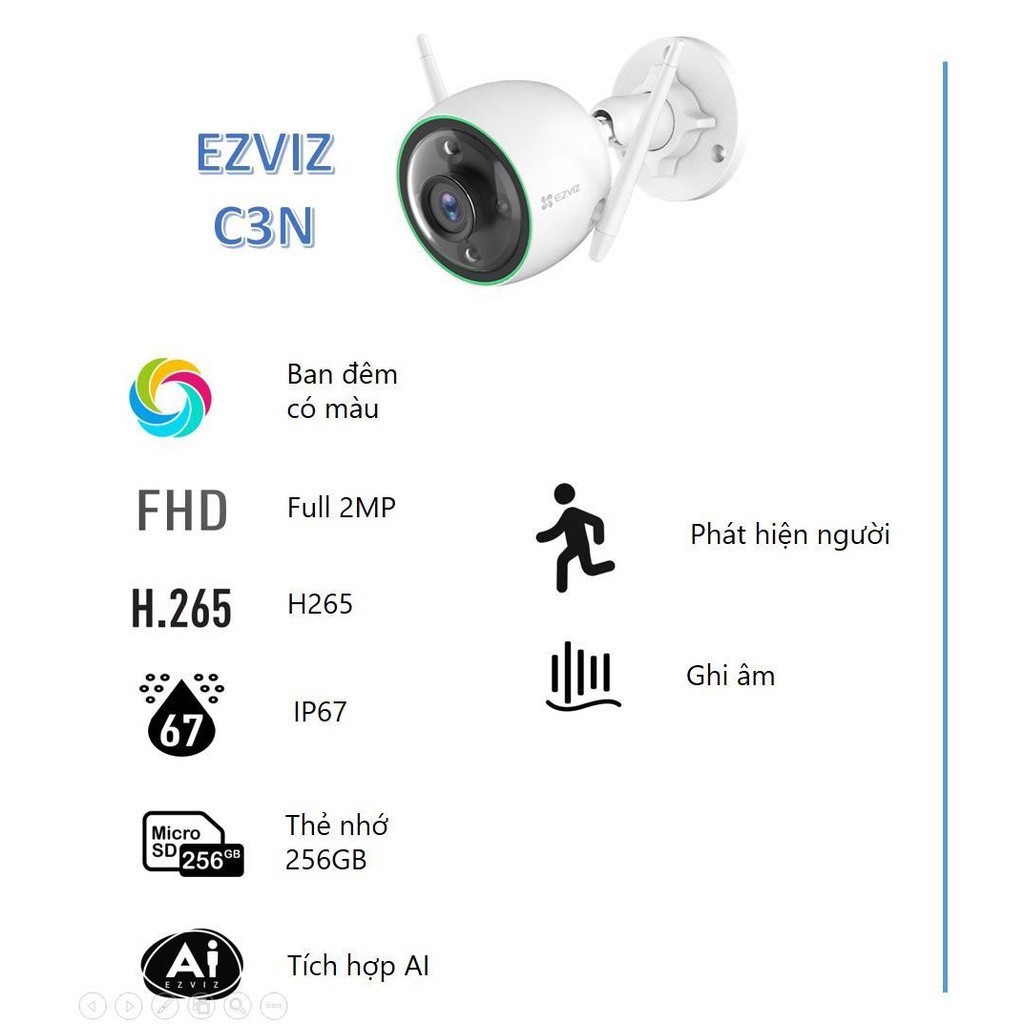 Camera ngoài trời EZVIZ C3N 1080P công nghệ AI thông minh - Có màu ban đêm C3W C3X C3WN Color