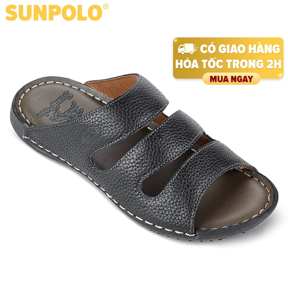 [Mã BMBAU50 giảm 7% đơn 99K] Dép Quai Ngang Nam Da Bò SUNPOLO Đen Nâu - SUD19DN