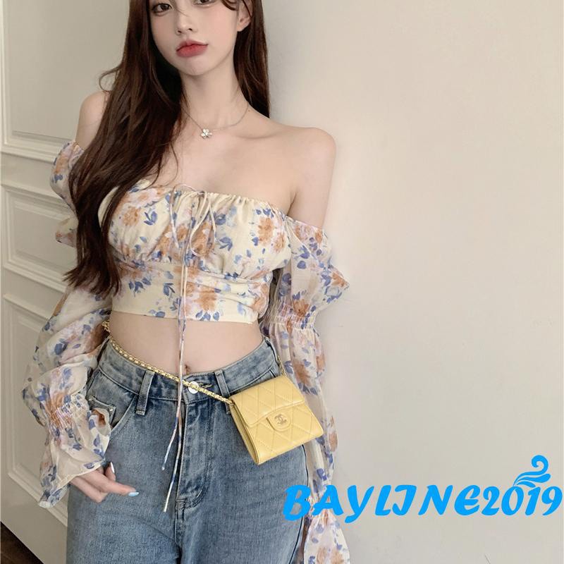 Áo Lửng Tay Dài Họa Tiết Hoa Thời Trang Quyến Rũ Cho Nữ