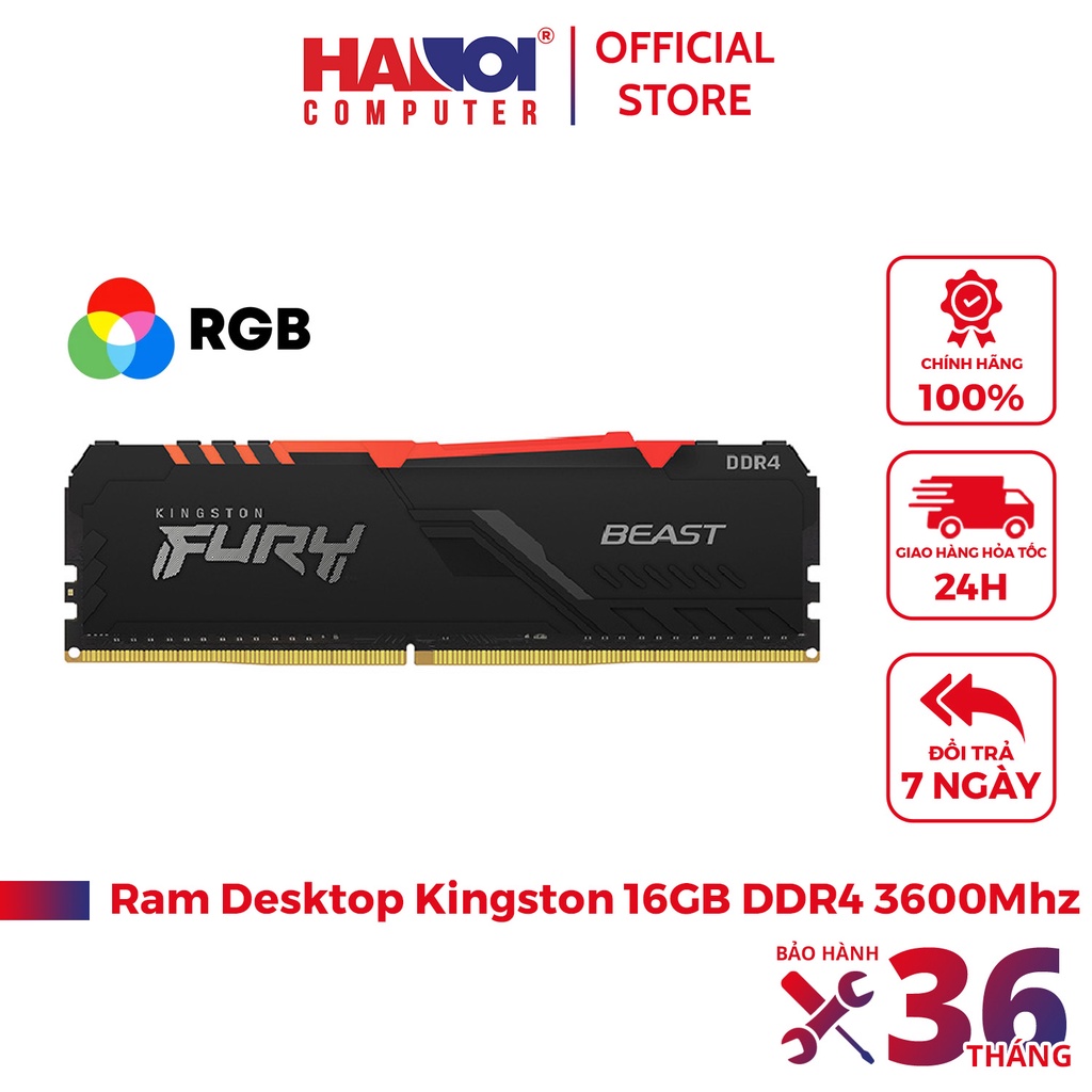 Ram Desktop Kingston Fury Beast RGB (KF436C18BBA/16) 16GB (1x16GB) DDR4 3600Mhz