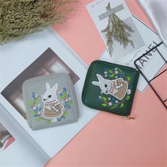 Ví thêu thỏ xinh xắn, ví da pu, ví ngắn mini