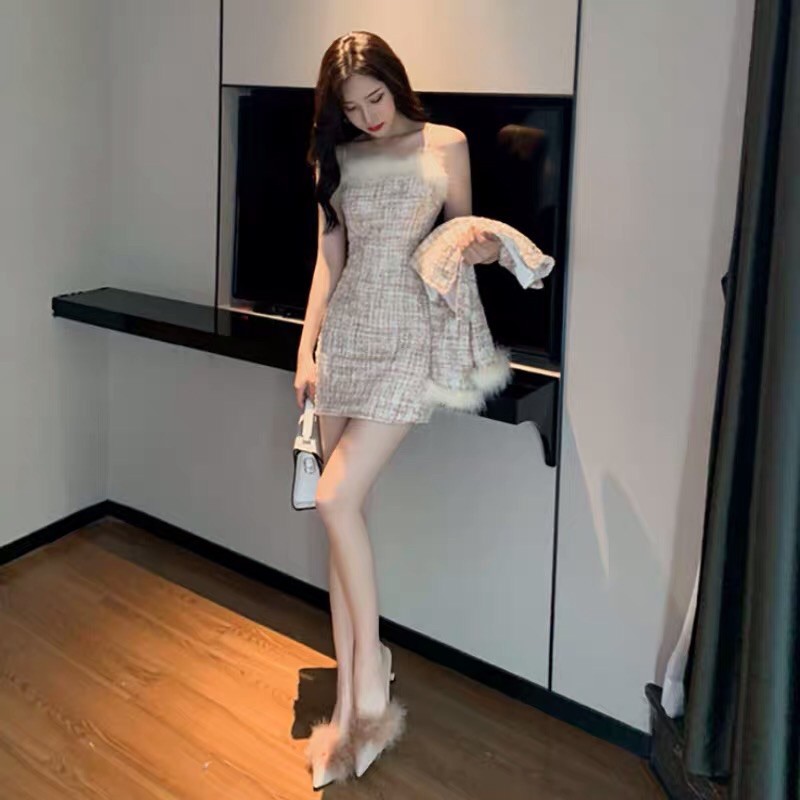 Sét dạ Tweed áo khoác tay dài kèm đầm 2 dây phối lông nữ tính- FREESHIP