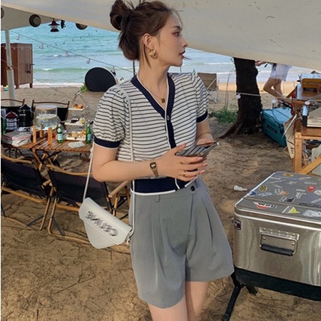 Áo Cardigan Ngắn Tay Kẻ Sọc Màu Sắc Trơn Phong Cách Retro Hàn Quốc