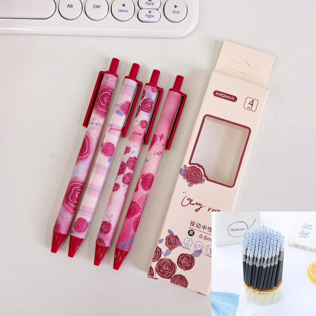 Combo hộp 4 bút bi bấm họa tiết dễ thương, bút bi gel mực đen cute có chặn ngòi và 10 thay thế mực đen