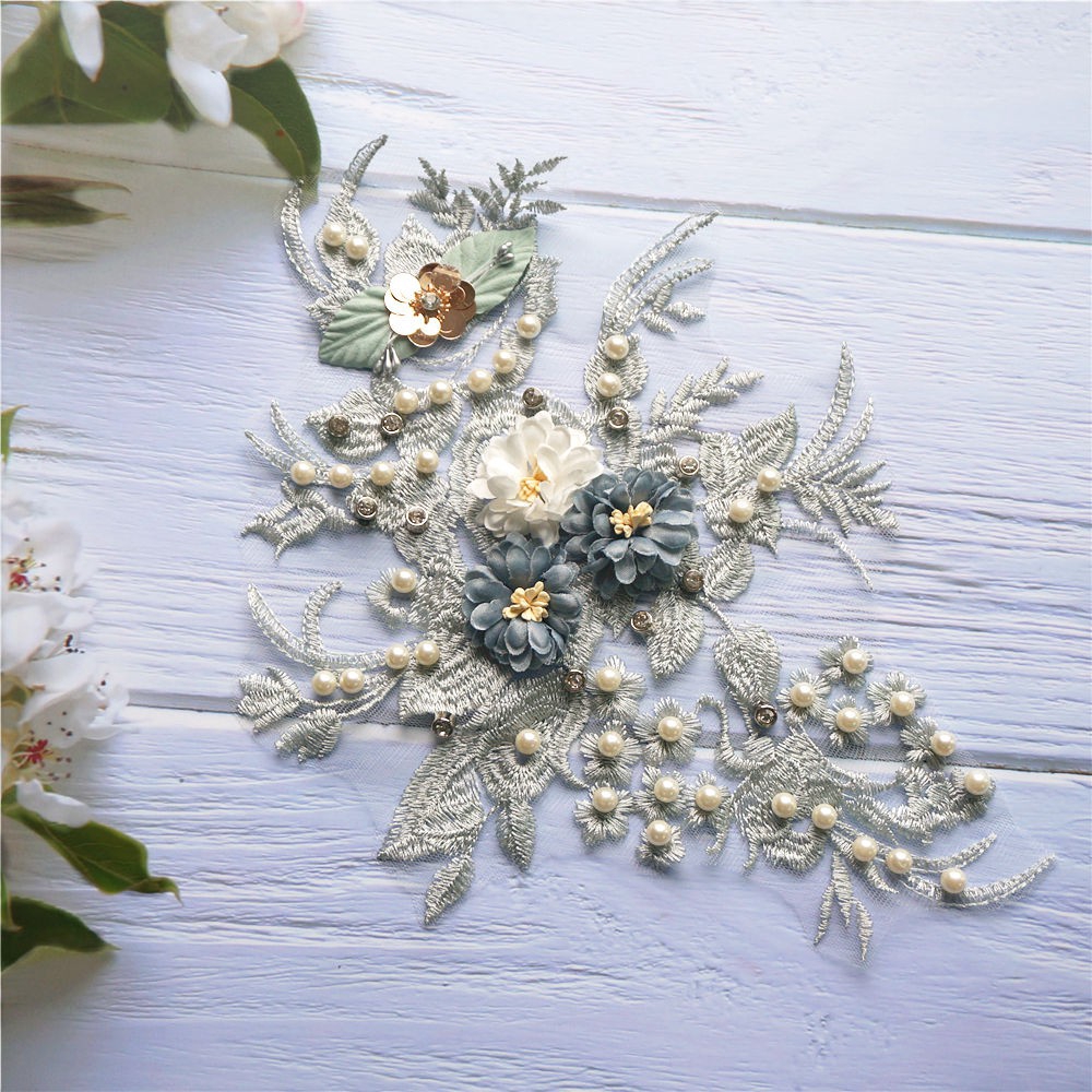 Thêu Kim Cương Giả Ngọc Trai Hoa Đính Ren Vải May Ren Viền Váy Cưới Thủ Công DIY