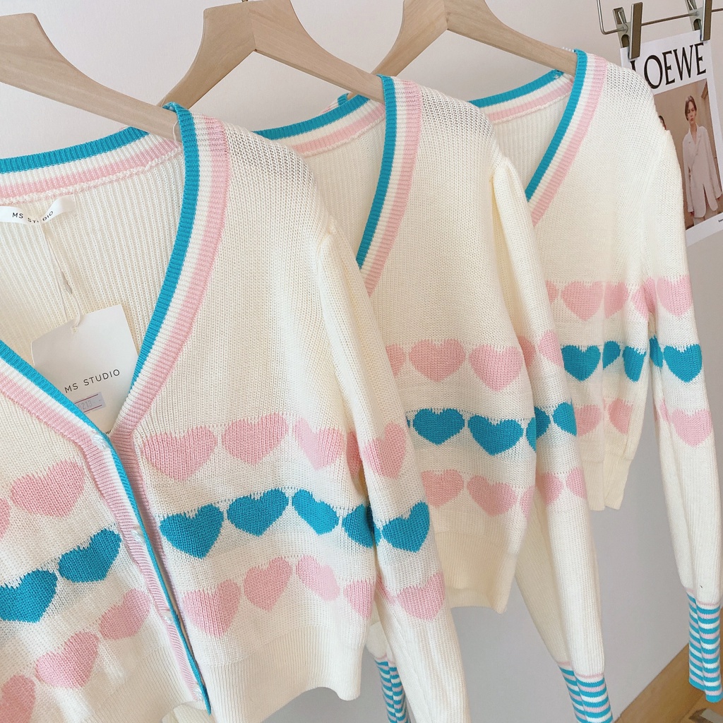 Áo Khoác Cardigan Dệt Kim Tay Dài In Hình Trái Tim Phong Cách Hàn Quốc Thời Trang
