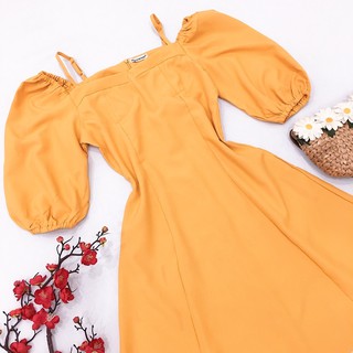 Đầm vàng cam tay lỡ phồng (kèm hình thật)