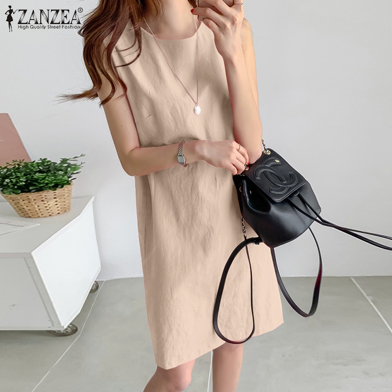 Đầm ngắn Zanzea không tay cổ tròn màu trơn đơn giản phong cách Hàn Quốc dành cho nữ