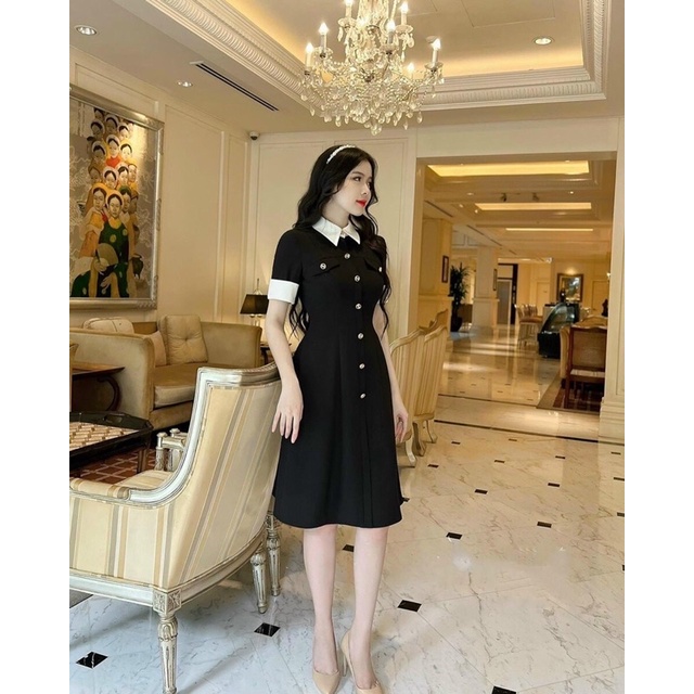 Đầm midi đen phối cổ peter trắng_Kèm ảnh sàn thật💯