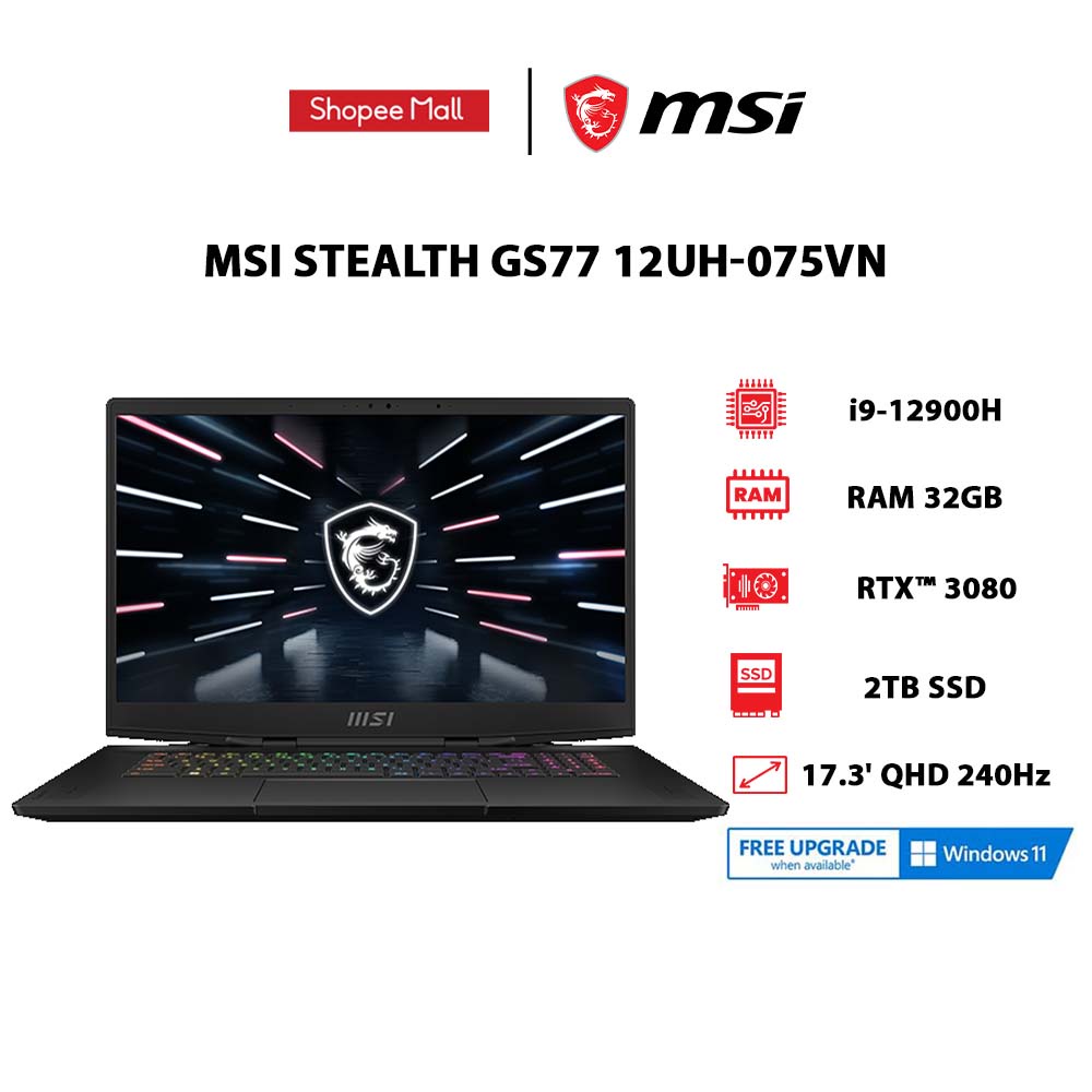 Laptop MSI Stealth GS77 12UH-075VN (i9-12900H | 32GB | 2TB | GeForce RTX™ 3080 8GB | 17.3' QHD 240Hz | Win 11)