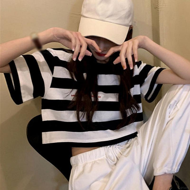 Áo Thun Tay Ngắn Dáng Rộng Kẻ Sọc Ngang Trẻ Trung Phong Cách Hàn Quốc Cho Nữ