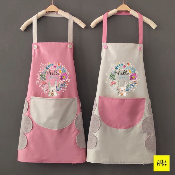 [Mẫu Mới] Tạp Dề Nhà Bếp Hình Thỏ Dễ Thương Chống Thấm Nước Có Túi Để Điện Thoại Lau Tay Cho Nam Và Nữ