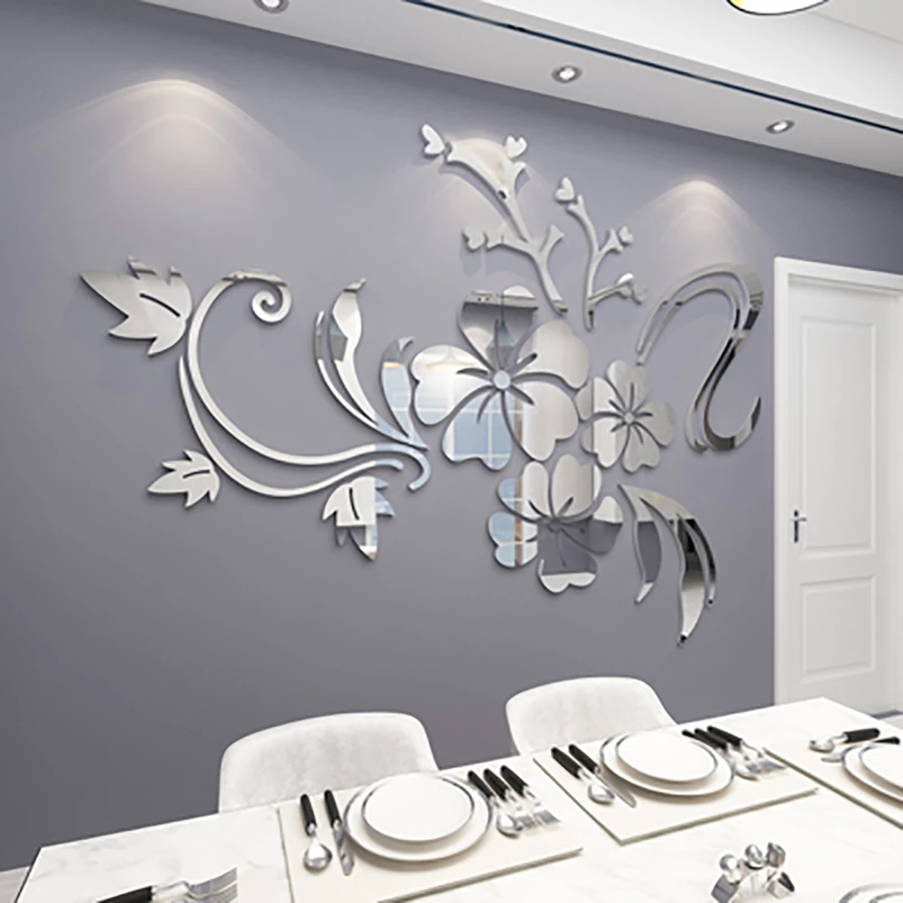 Miếng dán tường acrylic hình bông hoa lớn 3d tráng gương màu bạc đẹp mắt trang trí nội thất nhà cửa
