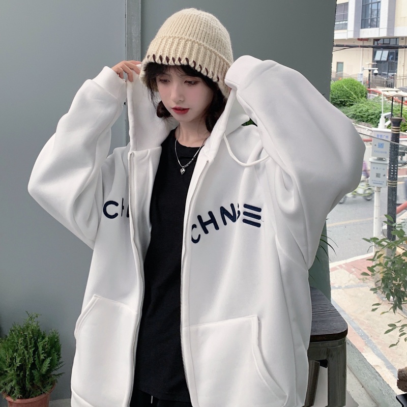 SUXI Áo khoác tay dài có nón dáng rộng thêu họa tiết phong cách Hàn Quốc thời trang mùa thu mới cho nữ