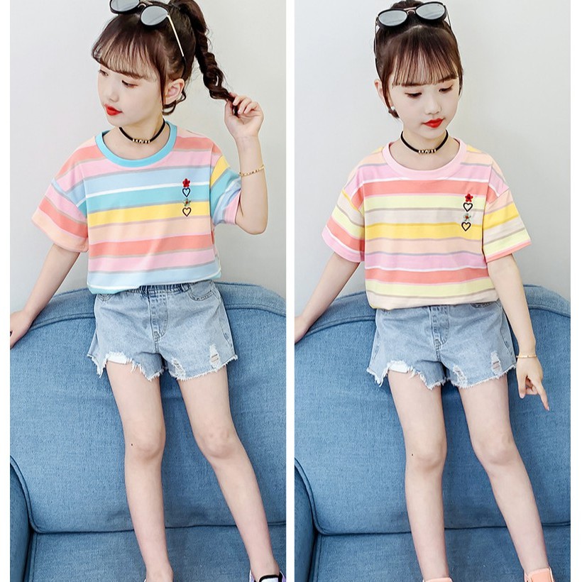 Áo phông bé gái size đai từ 20 -50kg màu cầu vồng thêu hoa-trái tim ngực AH02