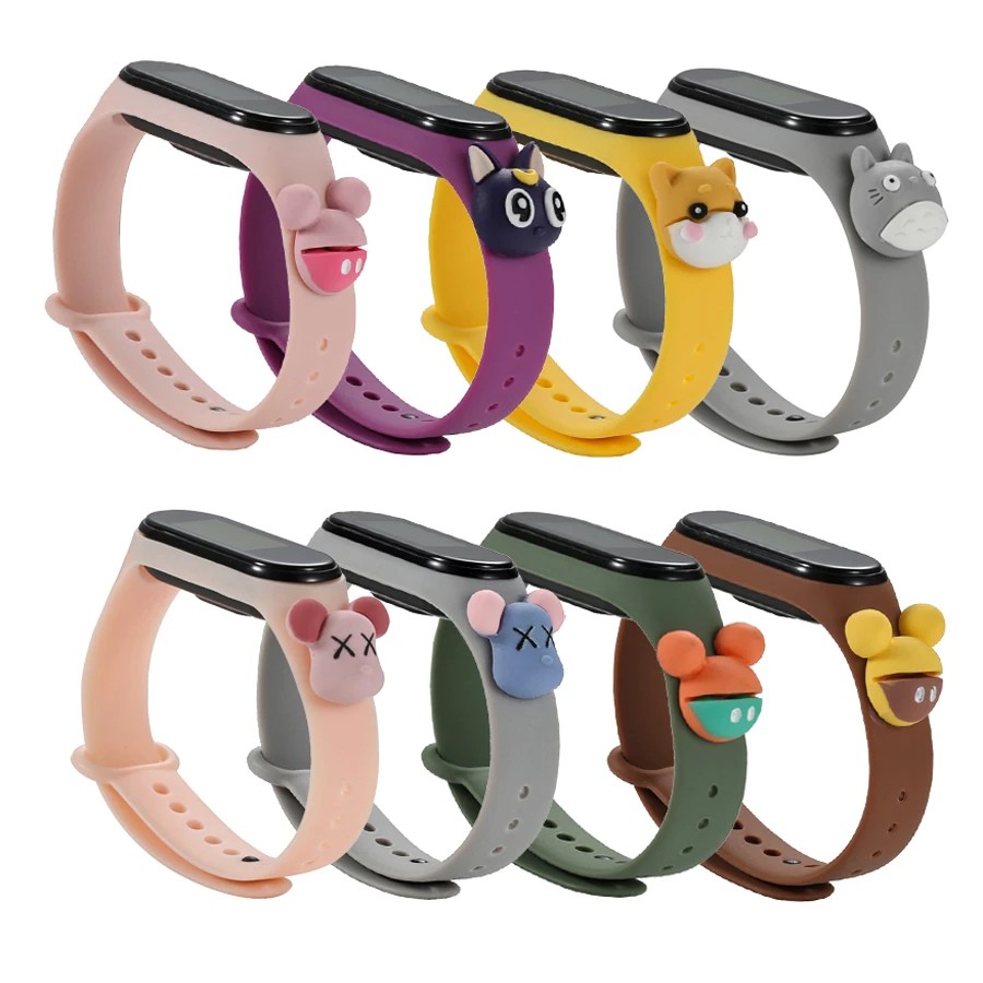 Set dây đeo đồng hồ thông minh silicone thiết kế hoạt hình và miếng dán bảo vệ màn hình cho Xiaomi Mi Band 6/ 5/ 4/ 3