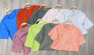 Áo thun giấy croptop cổ tim màu + sọc