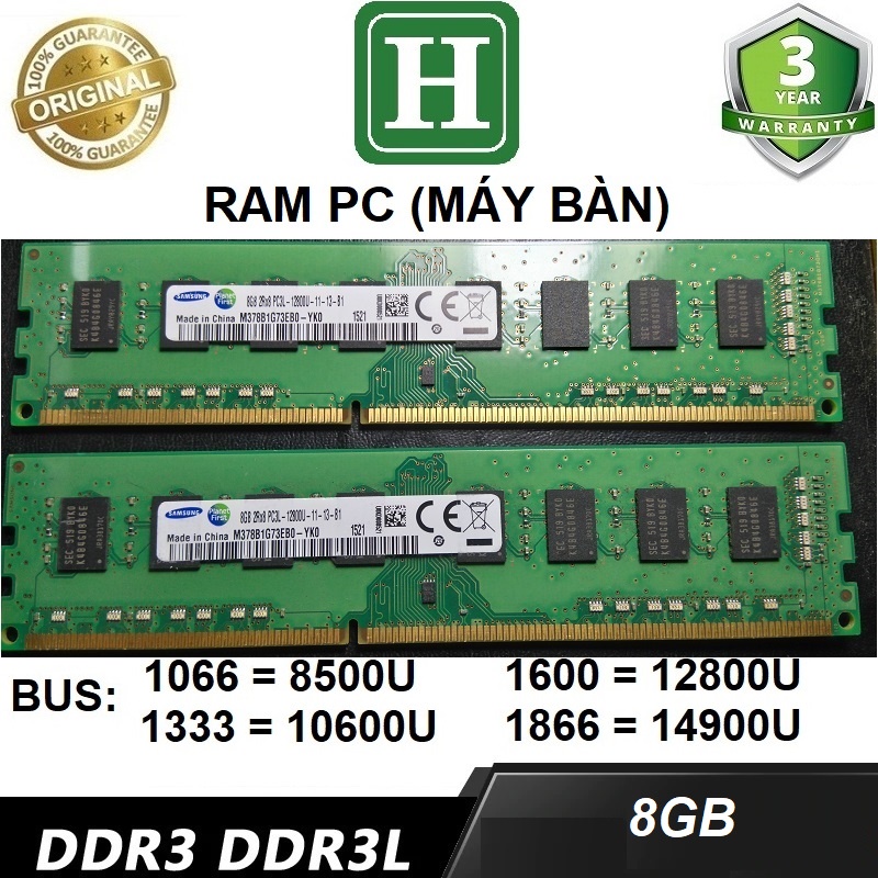 Ram PC DDR3L  8Gb bus 1600 - 12800U tháo máy, bảo hành 3 năm
