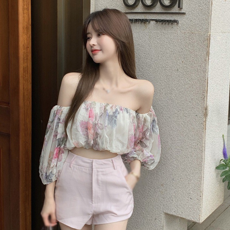 Áo Croptop Trễ Vai Tay Ngắn Hoạ Tiết Hoa Cho Phái Nữ