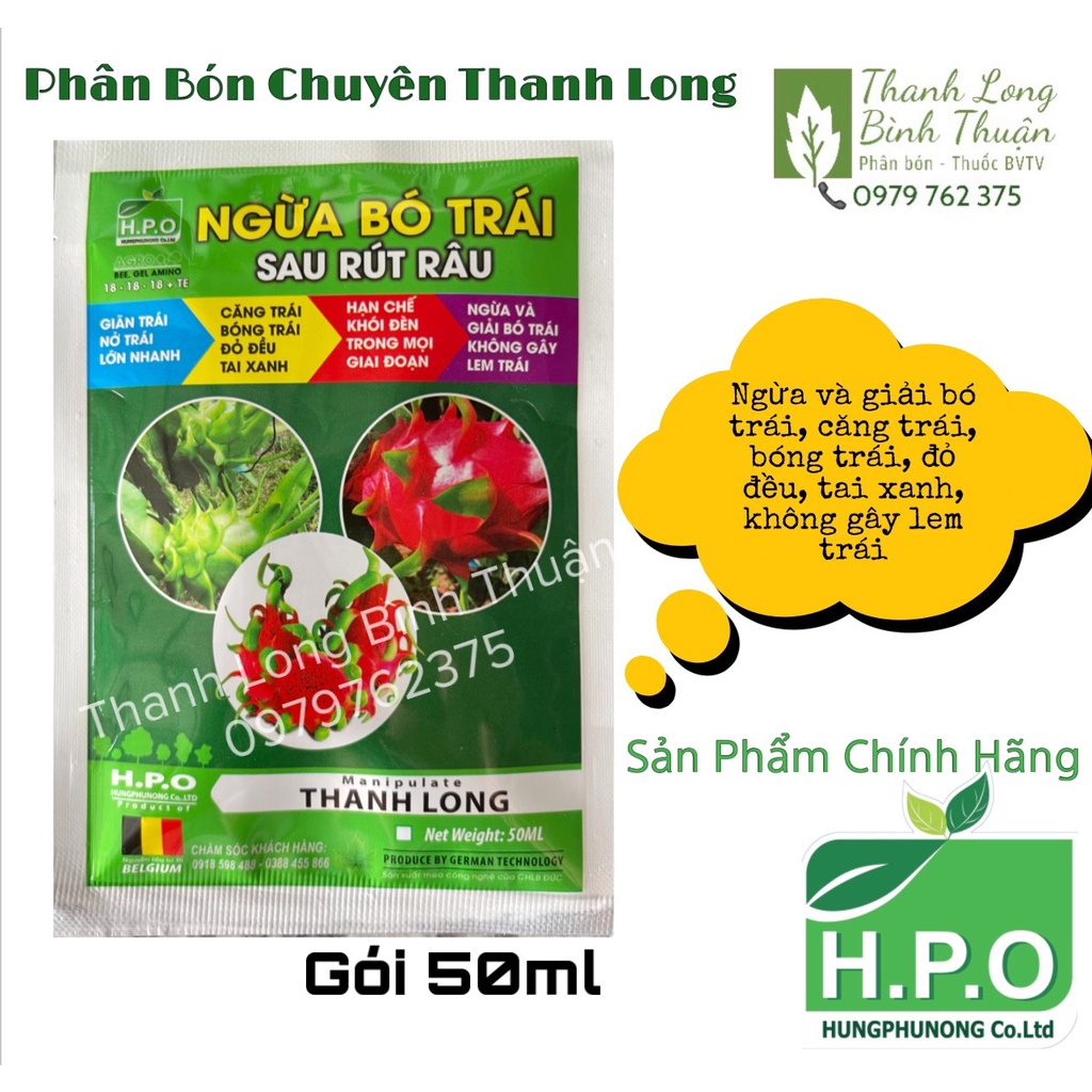 Phân Bón Chuyên Thanh Long - Ngừa Bó Trái Sau Rút Râu - Giãn Trái - Căng Trái - Tẩy Khói Đèn - Không Lem - Gói 50ml