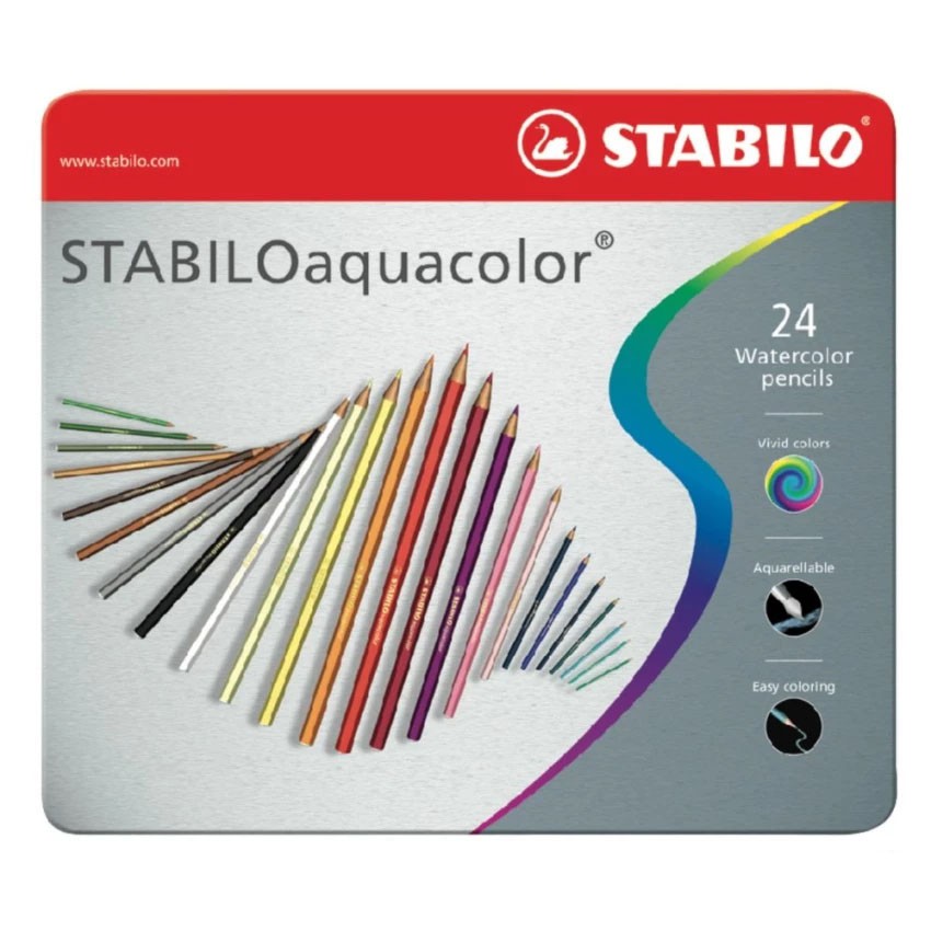 Combo 1 hộp bút chì màu nước STABILOaquacolor (Hộp thiếc 24 cây) + Tuyển tập tô màu STABILO SVCB (CLW1624MB)