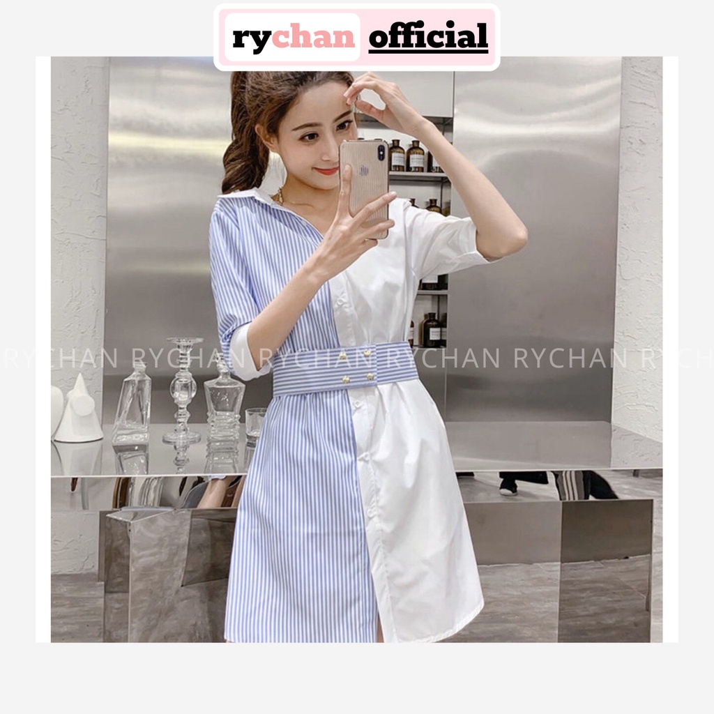 Đầm Suông Sơ Mi Phối Màu Đính Bản Eo Lạ Mắt - DS292