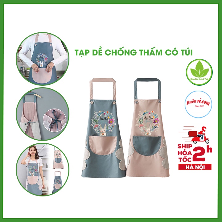 Tạp dề nấu ăn họa tiết thỏ, chống thấm nước hiệu quả – Tạp dề có túi và khăn lau hai bên hông tiện lợi – 01519