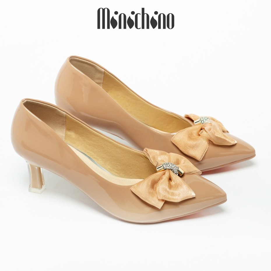 Giày búp bê nữ gót cao 5cm MINICHINO giày cao gót nữ da bóng, mũi nhọn thời trang màu nâu TC006