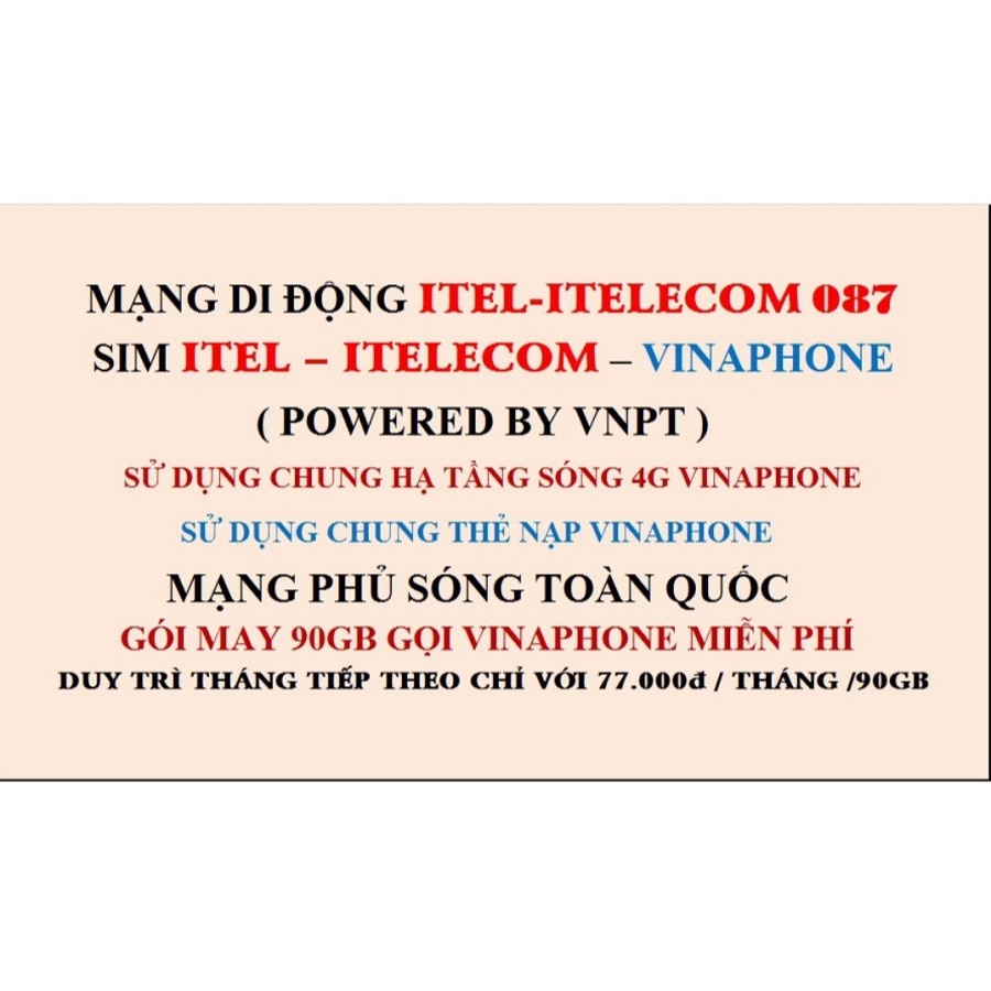 Sim 4G - 79k ( CHỌN SỐ B3) vinaphone - Itelecom CÓ GÓI 90gb/tháng + free gọi vina  giống sim vd89 - vd149 - v90