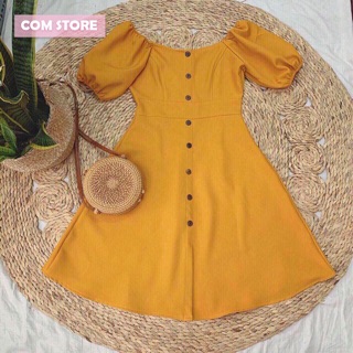 Đầm vintage tay phồng nút gỗ
