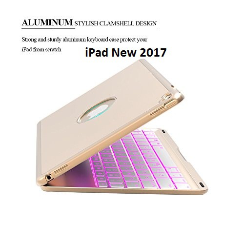 Bao da kiêm bàn phím bluetooth cho iPad New 2017 (9.7&quot;) (Gold) tặng cáp sạc iPhone