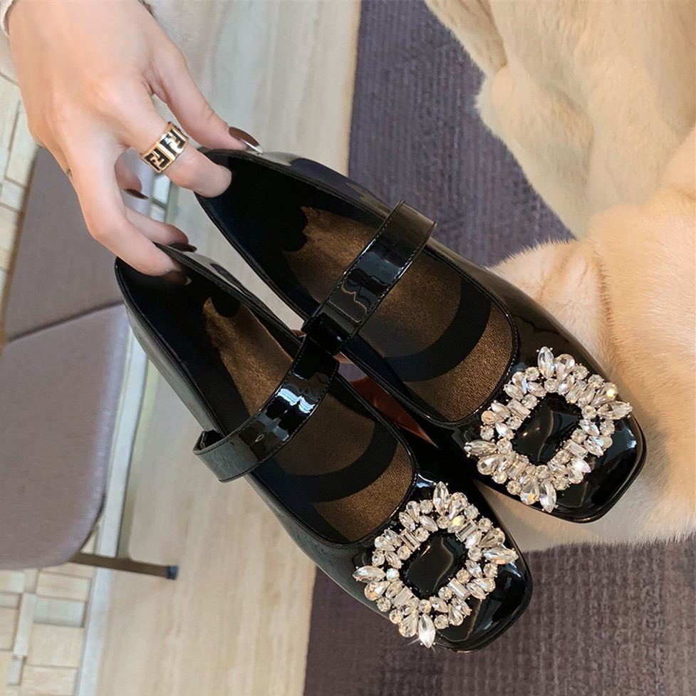 Giày búp bê đính đá cài quai dán phong cách Vintage đế thấp