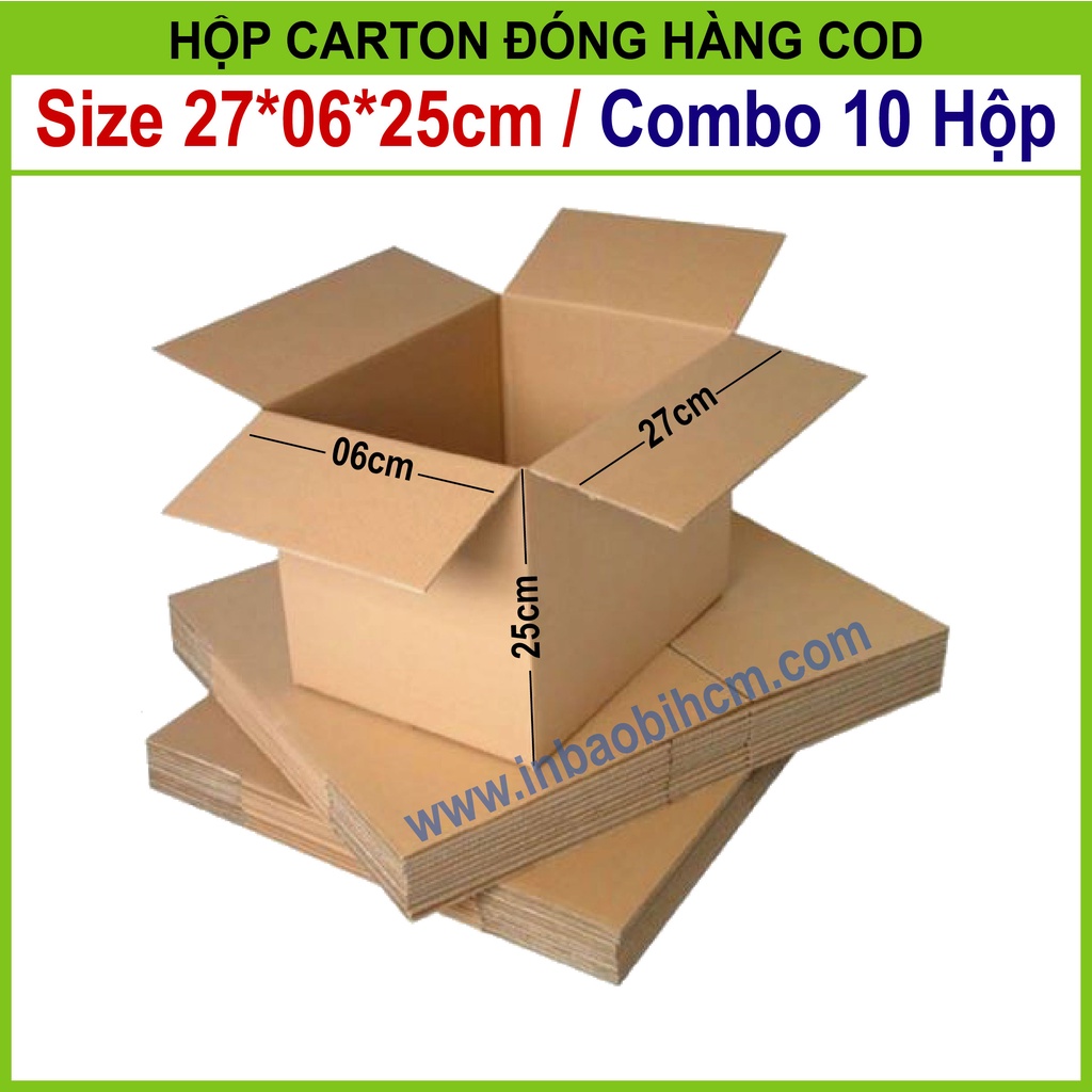 10 Hộp đóng hàng 27x6x25 cm, Hộp carton dày, Cứng cáp, Chuẩn Ship COD, Thùng carton, Hộp giấy giá rẻ, Inbaobi.HCM