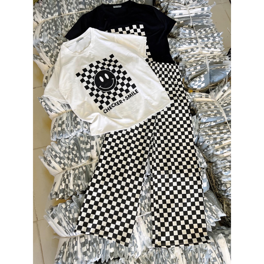 Set Bộ  Áo Thun + Quần Dài Thun Gân Caro HOT - BT Fashion