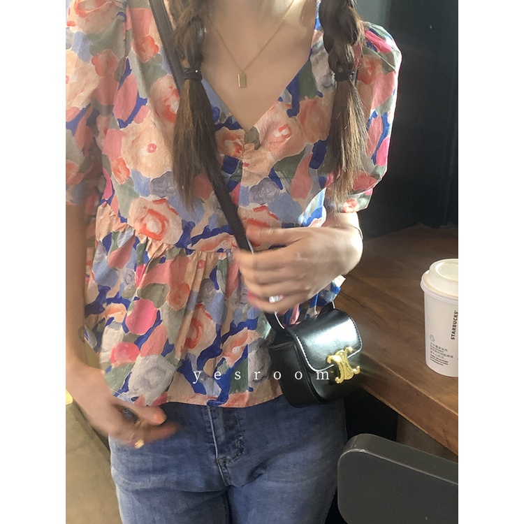 Áo Sơ Mi Tay Ngắn Phồng Họa Tiết Hoa Thời Trang Dành Cho Nữ