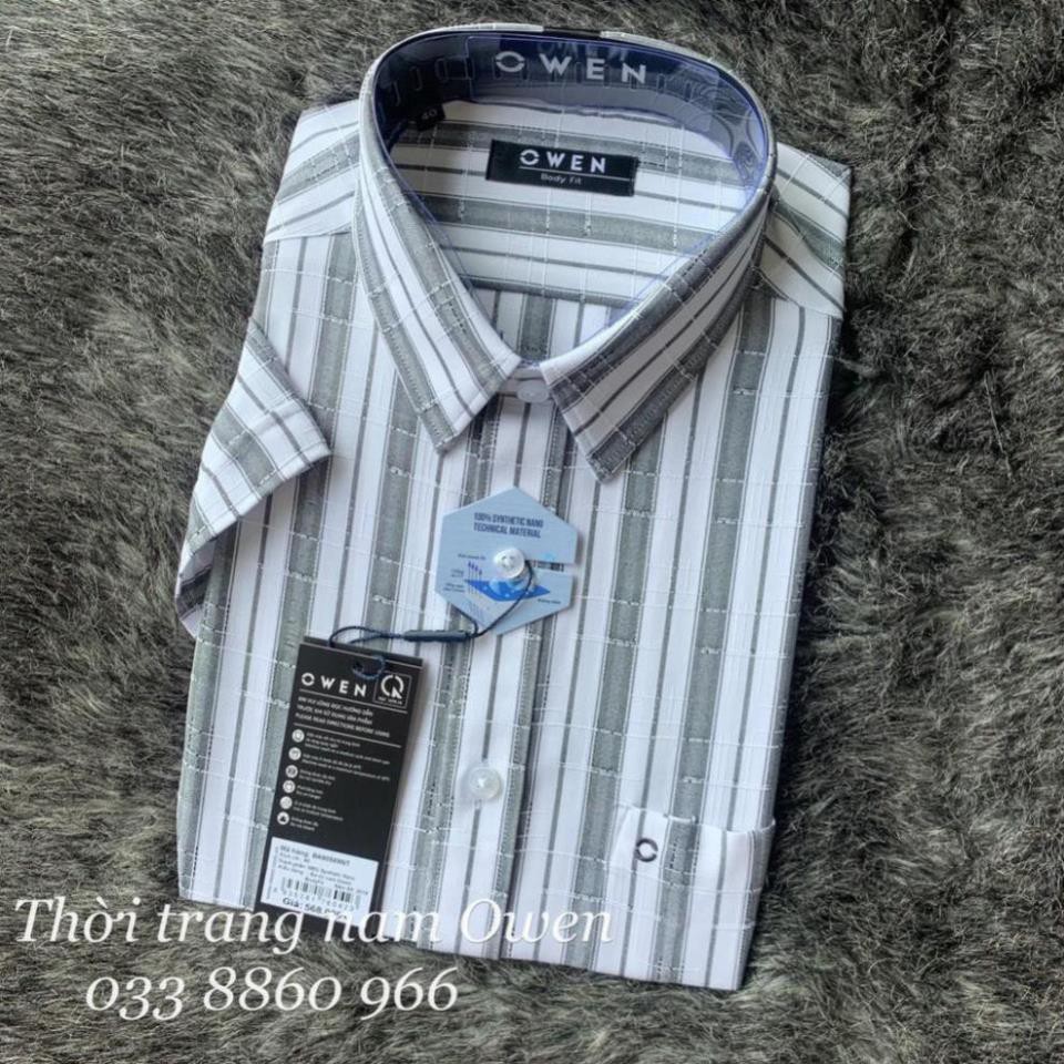 Sale Chính Hãngt OWEN - Áo sơ mi ngắn tay Owen body fit kẻ xám 90589 hot 🌺 neww * ! %