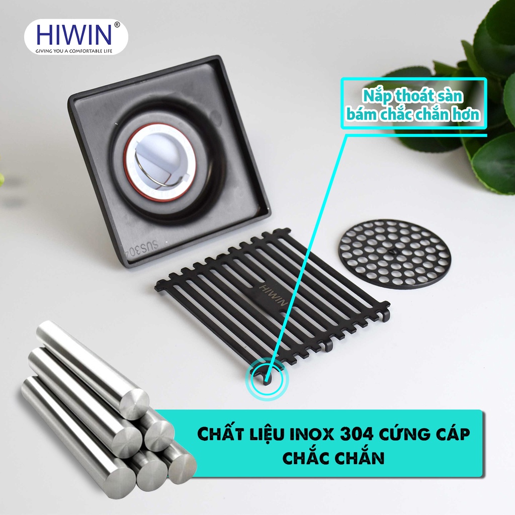 Thoát sàn chống mùi hôi inox 304 mạ đen cao cấp Hiwin FD-2218 100x100mm