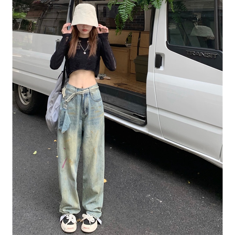 Quần Jean Dài Lưng Cao Ống Rộng Thời Trang Mùa Thu Cho Nữ Dễ Phối Đồ