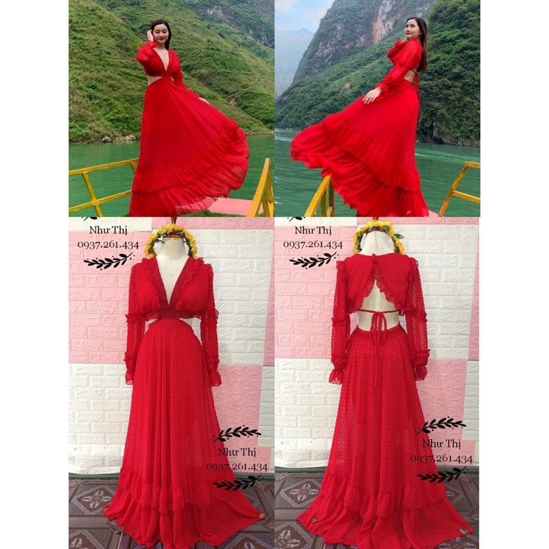 (miễn phí chỉnh váy) maxi boho sẽ xử hở ngực hở lưng tay dài váy xoè đi du lịch thời trang hot girl chụp hình sống ảo