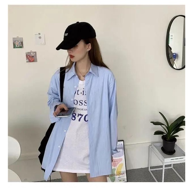 COZOK Áo sơ mi chiffon COZOK dáng rộng màu trơn phong cách thời trang Hàn Quốc