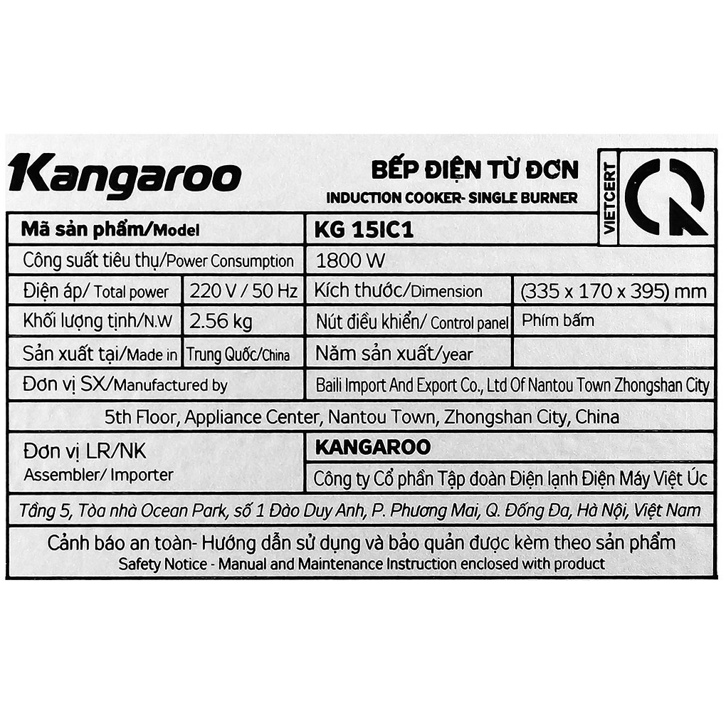 Bếp từ Kangaroo KG15IC1 tặng kèm nồi công suất 1800w bảo hành 12 tháng