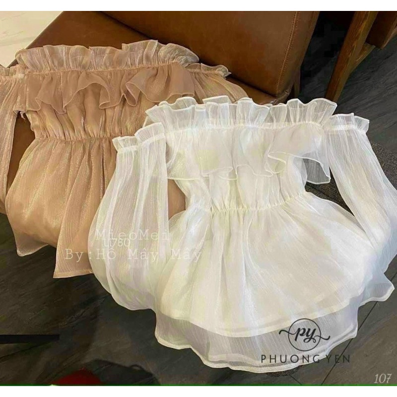 áo trễ vai tay bồng vải Tơ lụa 2 lớp, áo babydoll nữ bánh bèo dài tay 2 màu