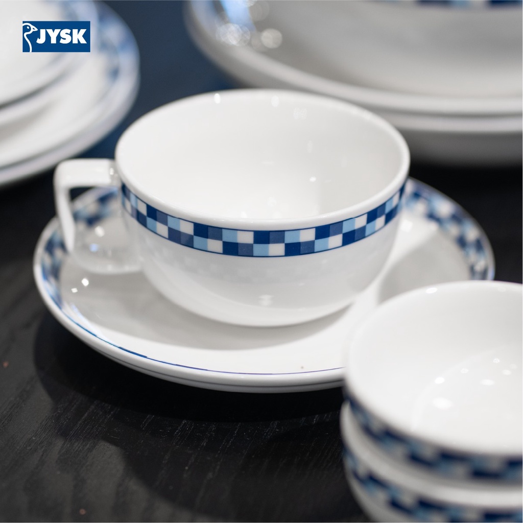 Bộ tách trà | JYSK Check | sứ trắng viền xanh | D13xR10xC6cm/ DK16.5xC2cm | 280ml