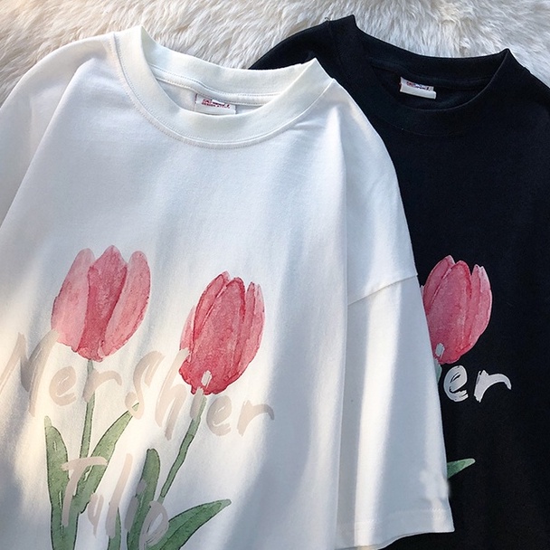 ZHELIHANGFEI Áo Thun Tay Ngắn Form Rộng Họa Tiết In Theo Phong Cách Preppy Dễ Phối Đồ