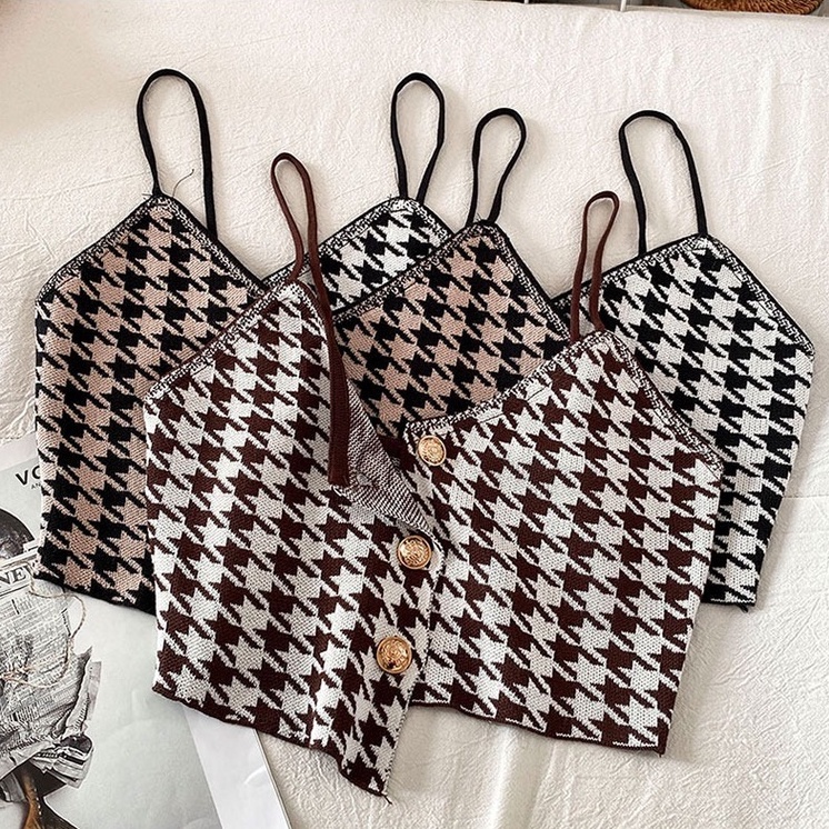 Áo kiểu hai dây ZHELIHANGFEI dệt kim dáng ngắn cài nút thời trang